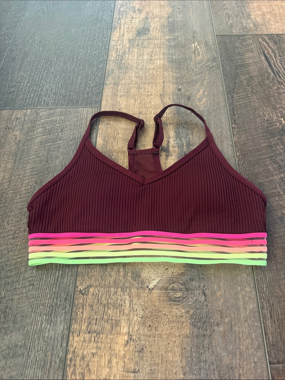 PINK Victoria's Secret Maroon Ribbed Sports Bralette with Neon Trim